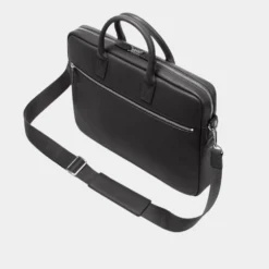 Stylish Slim Black Leather Laptop Briefcase Bag Side Detail