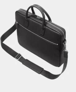 Stylish Slim Black Leather Laptop Briefcase Bag Side Detail