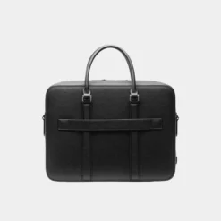 Classy Black Leather Double-Zip Laptop Briefcase Bag Back Image
