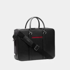 Classy Black Leather Double-Zip Laptop Briefcase Bag Side Detail Image