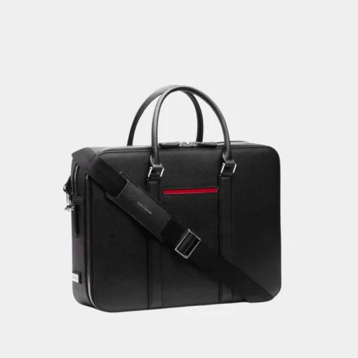 Classy Black Leather Double-Zip Laptop Briefcase Bag Side Detail Image