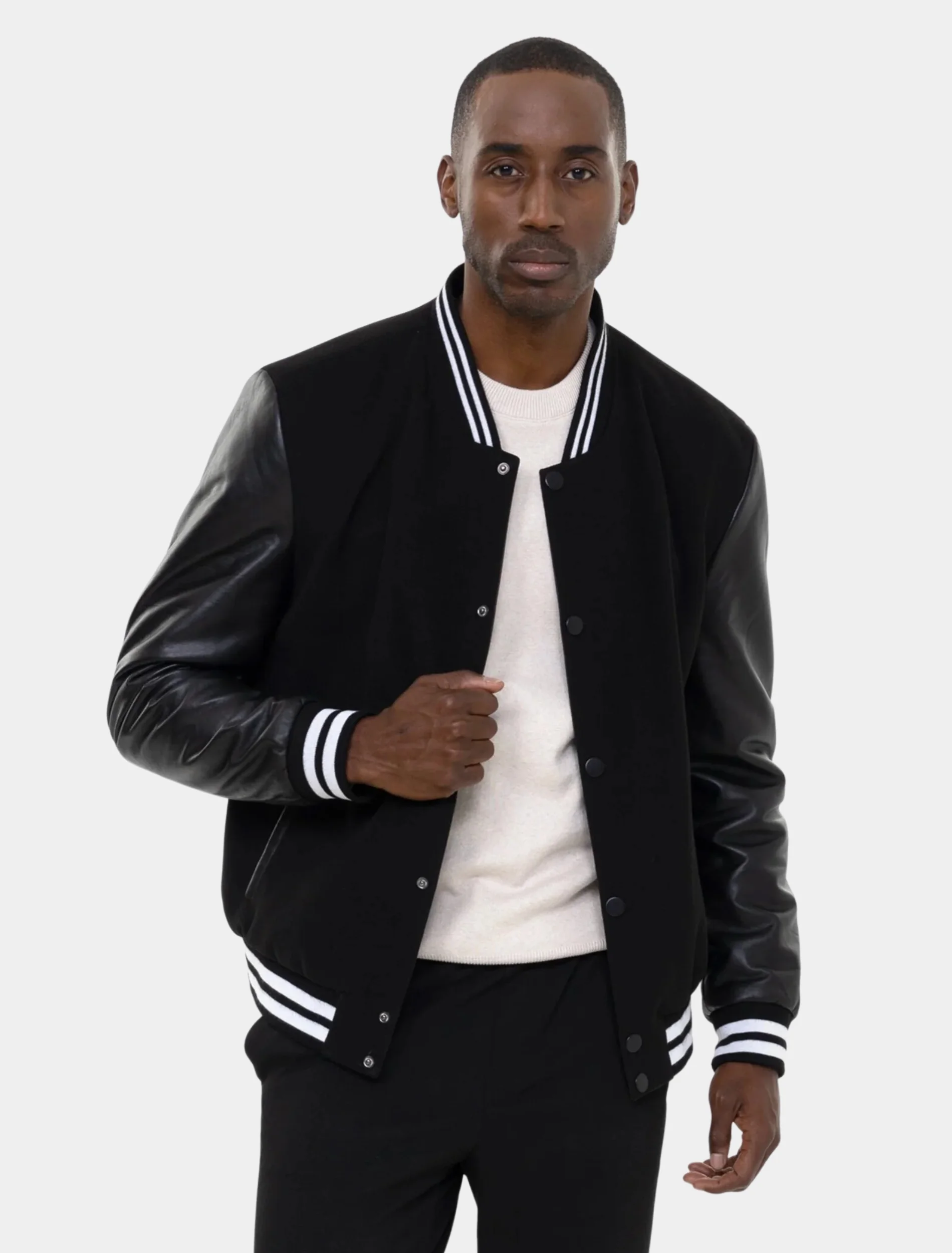 Mens Classic Black Wool College Varsity Jacket With Leather Sleeves