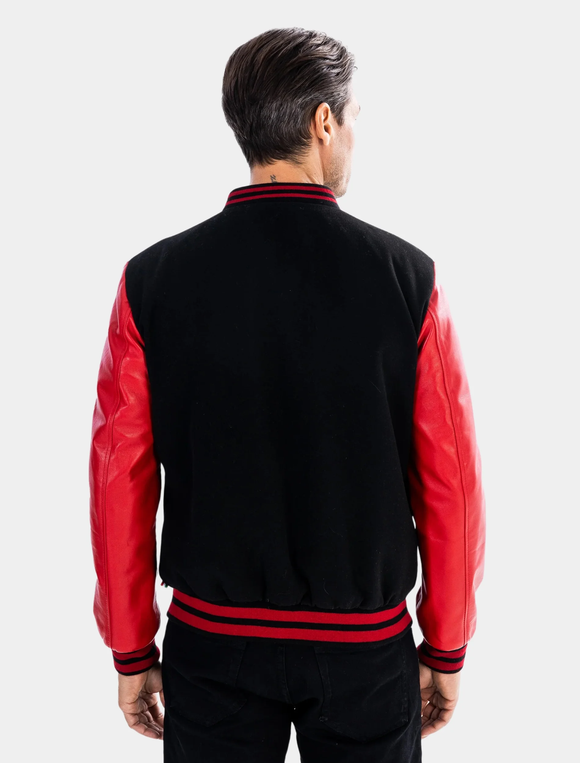 Mens Classic Black and Red Wool College Varsity Jacket Back
