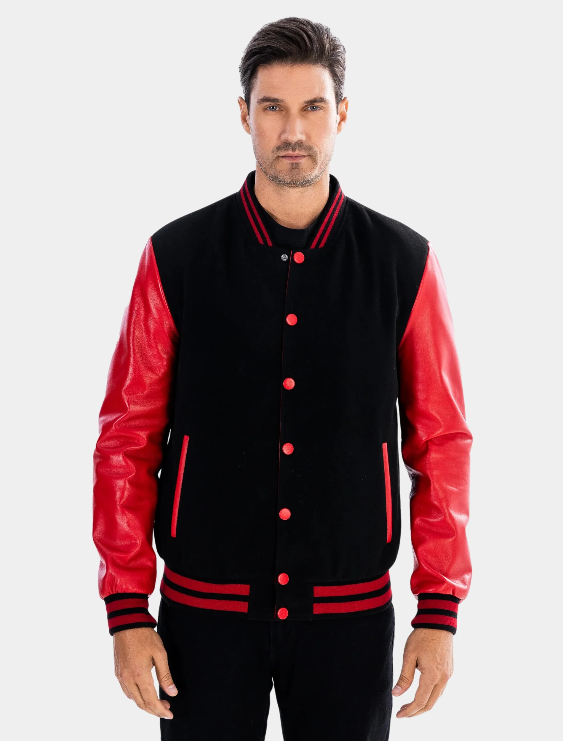 Mens Classic Black and Red Wool College Varsity Jacket