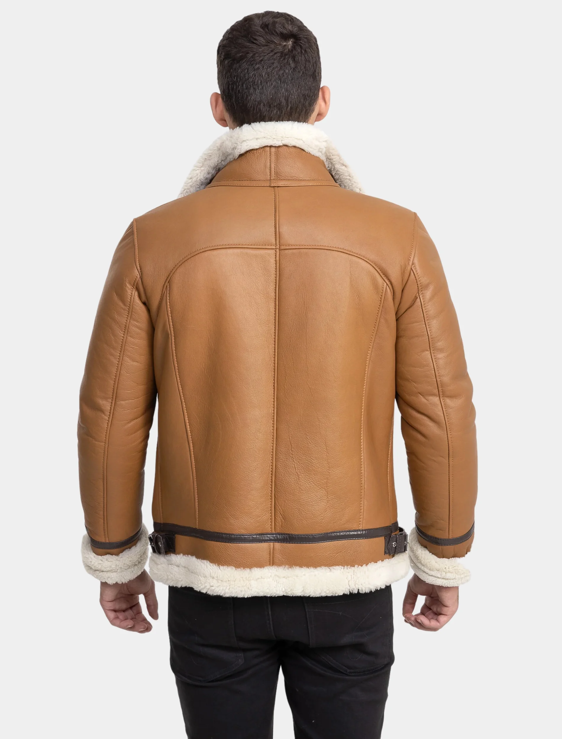Mens Classy Tan Brown Leather White Shearling Aviator Jacket Back