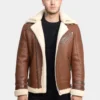 Shop Mens Classy Brown Leather Sheepskin Shearling Aviator Jacket With White Fur