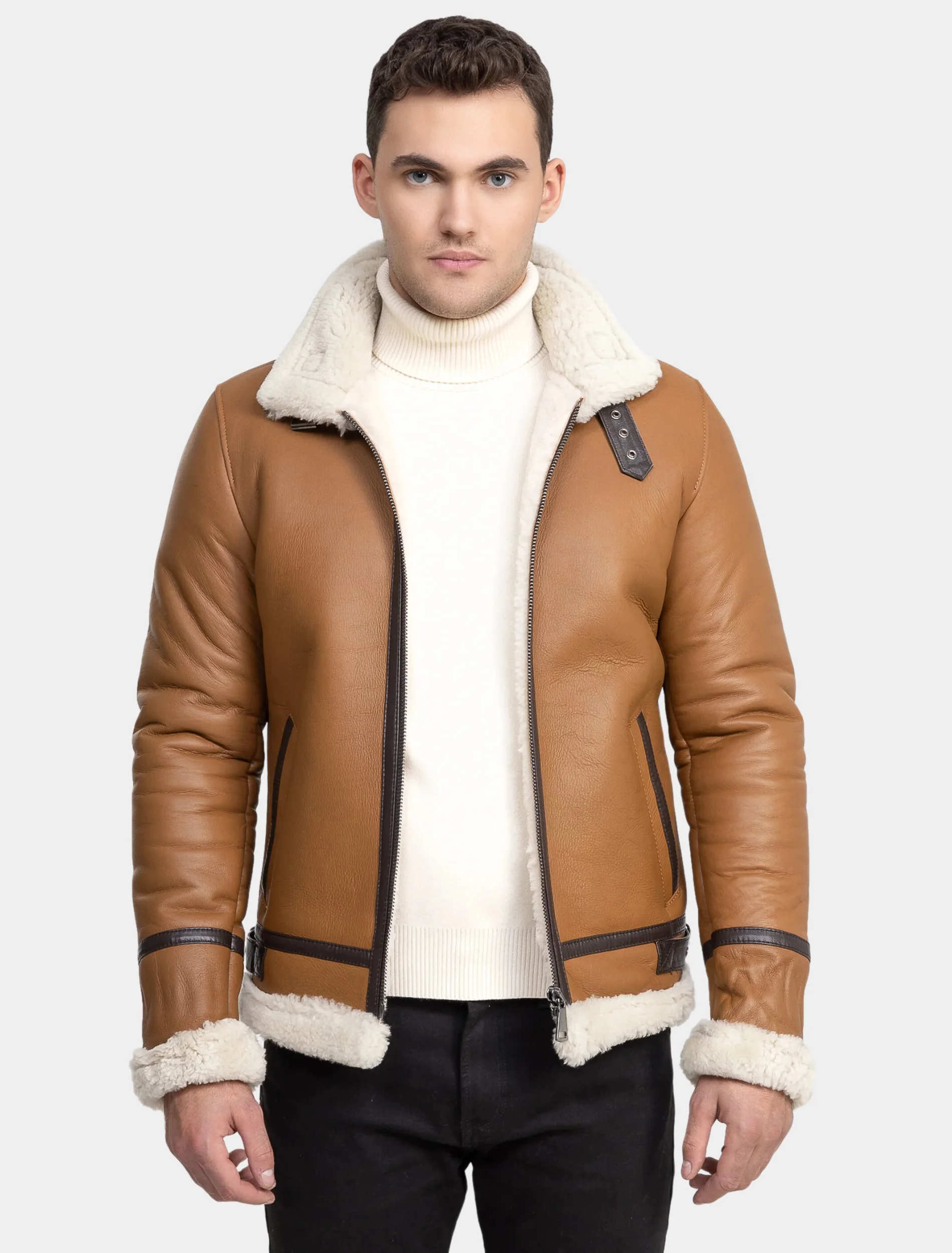 Shop Mens Classy Tan Brown Leather White Shearling Aviator Jacket