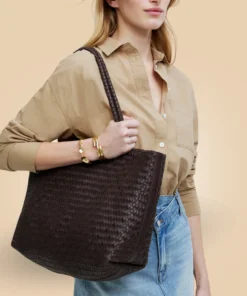 Classy Dark Brown Leather Woven Tote Bag For Women