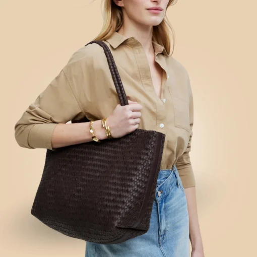Classy Dark Brown Leather Woven Tote Bag For Women