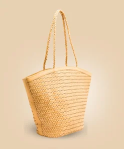 Classy Handmade Beige Brown Leather Woven Tote Bag Side Detail Image