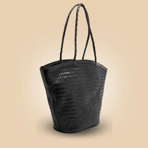 Classy Handmade Black Leather Woven Tote Bag Back For Women