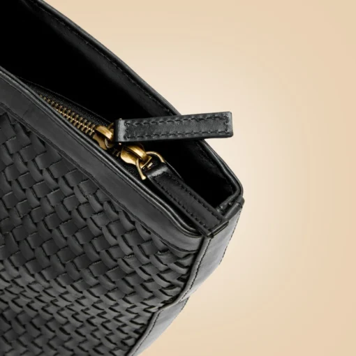 Classy Handmade Black Leather Woven Tote Bag Detail Image For Women