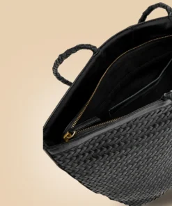 Classy Handmade Black Leather Woven Tote Bag Hardwear Detail Image For Women