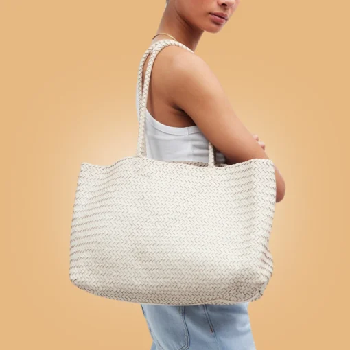 Classy Handmade White Leather Woven Tote Bag For Women