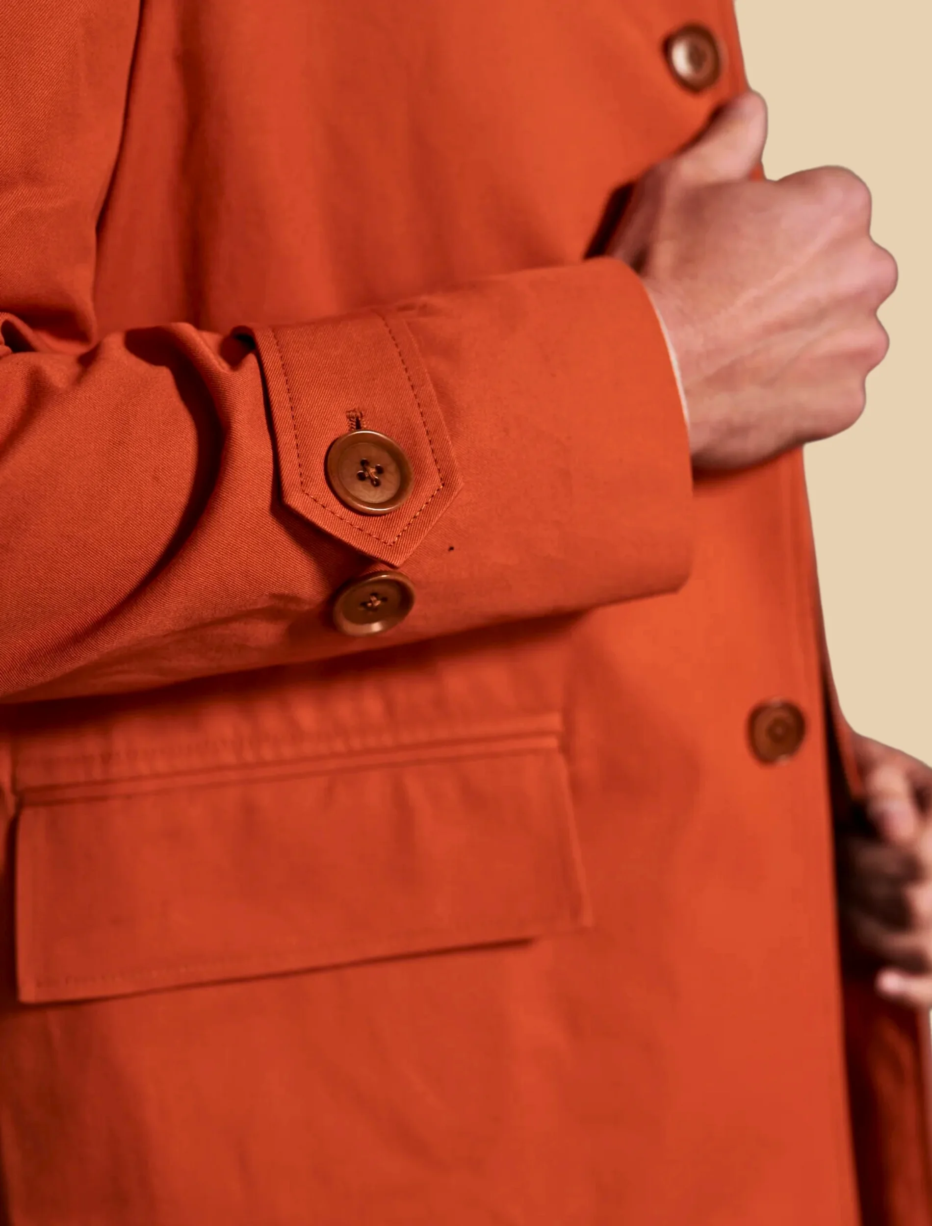 Mens Classic Orange Cotton Trench Coat Cuff Detail Image
