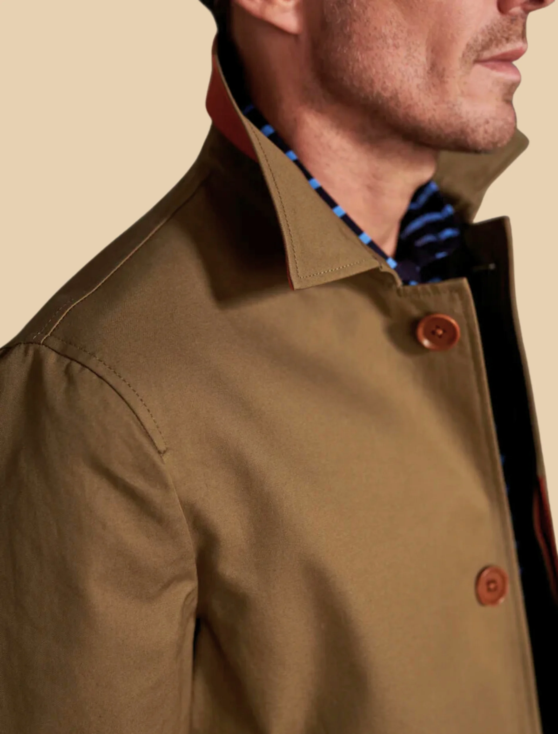Mens Classic Tan Brown Cotton Trench Coat Collar Detail