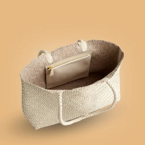 Shop Classy Handmade White Leather Woven Tote Bag Inner Detail For Women