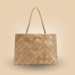 Shop Stylish Handmade Beige Brown Leather Woven Tote Handbag For Women