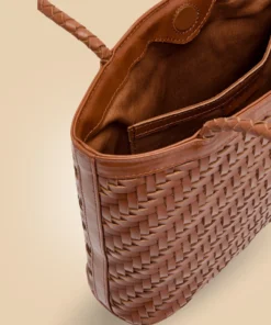 Shop Stylish Handmade Dark Brown Leather Woven Tote Bag Inner Detail For Women
