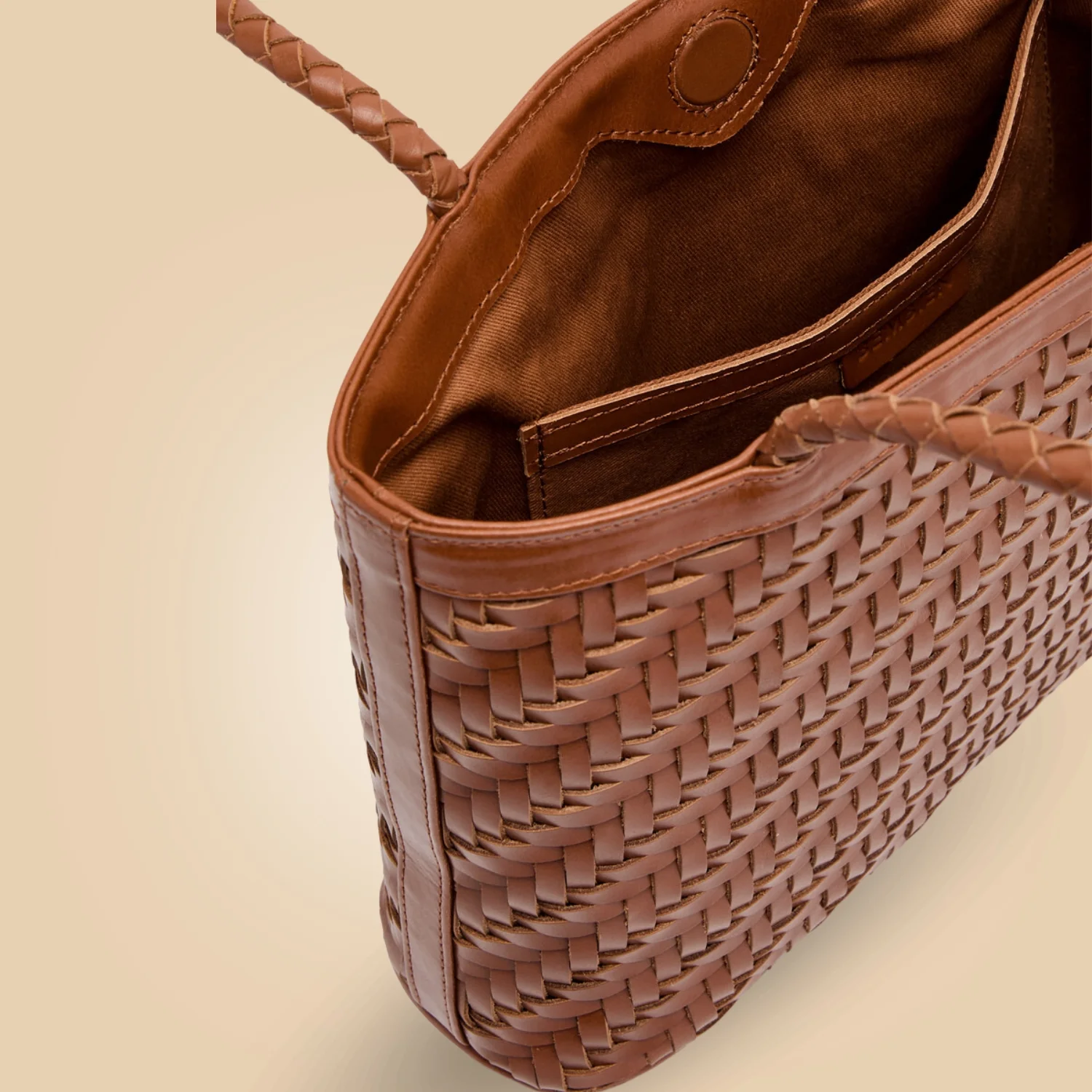 Shop Stylish Handmade Dark Brown Leather Woven Tote Bag Inner Detail For Women