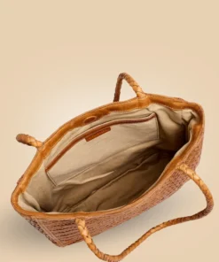 Shop Stylish Handmade Tan Brown Leather Woven Tote Handbag Inner Detail For Women
