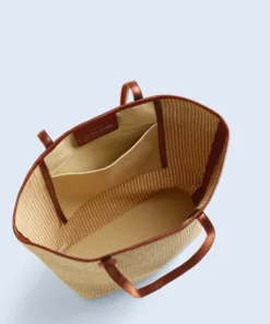 Stylish Handmade Beige Brown Leather Woven Tote Bag For Women
