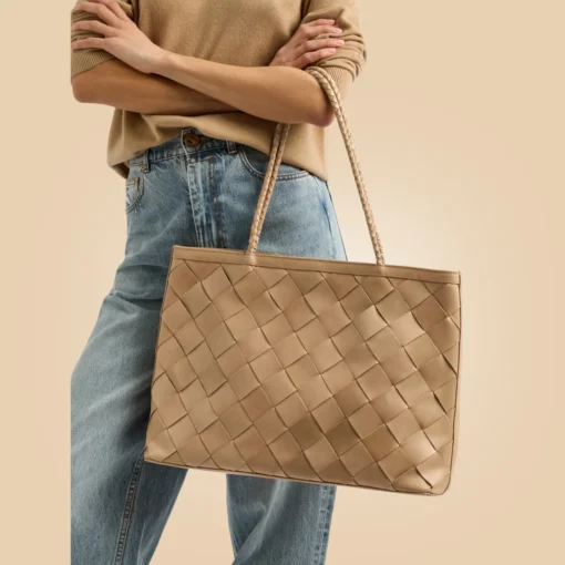 Stylish Handmade Beige Brown Leather Woven Tote Handbag For Women