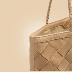 Stylish Handmade Beige Brown Leather Woven Tote Handbag Inner Detail For Women