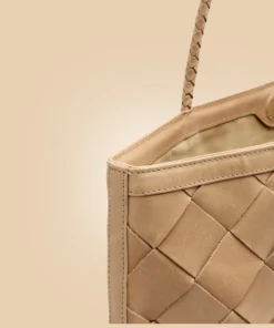 Stylish Handmade Beige Brown Leather Woven Tote Handbag Inner Detail For Women