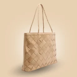 Stylish Handmade Beige Brown Leather Woven Tote Handbag Side Detail For Women