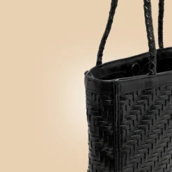 Stylish Handmade Black Leather Woven Tote Handbag Side Detail For Women
