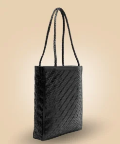 Stylish Handmade Black Leather Woven Tote Handbag Side Pose For Women