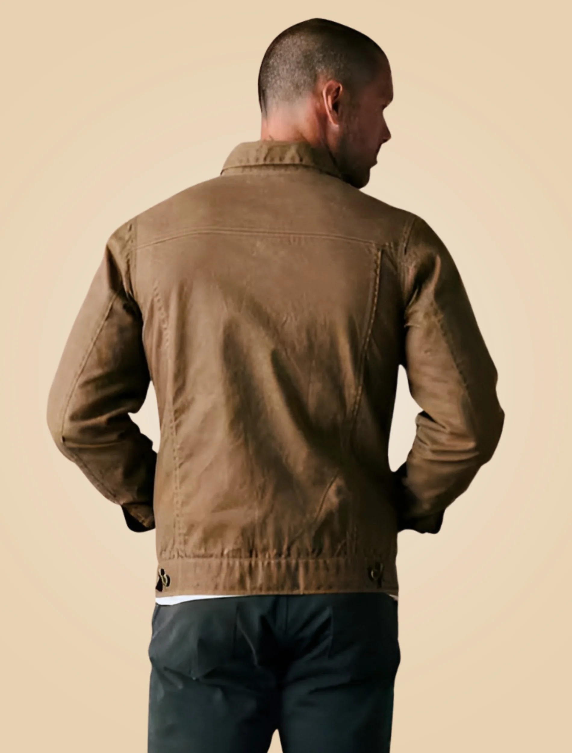 Huckberry Flannel-Lined Tan Waxed Cotton Trucker Jacket Back