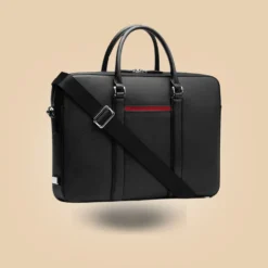 Mens Classy Black Leather Deluxe Laptop Briefcase Bag Side Detail