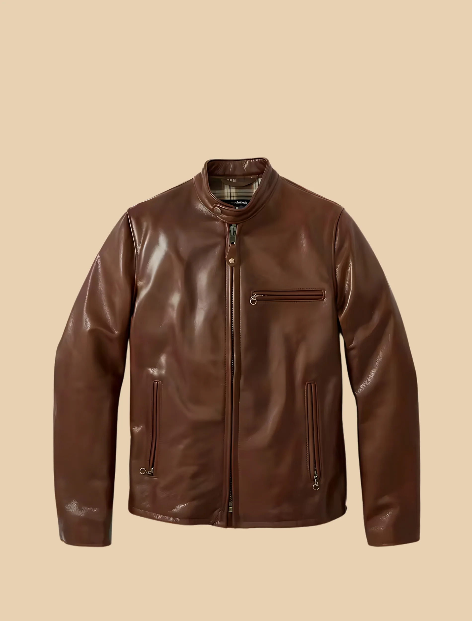 Mens Waxed Natural Pebbled Cowhide Brown Café Leather Jacket