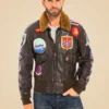 Shop Top Gun Maverick Brown Leather Bomber Jacket Side Detail