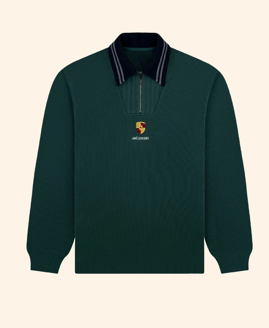 ALD x Porsche Jacquard Collar Quarter Zip Sweatshirt Green Front Image