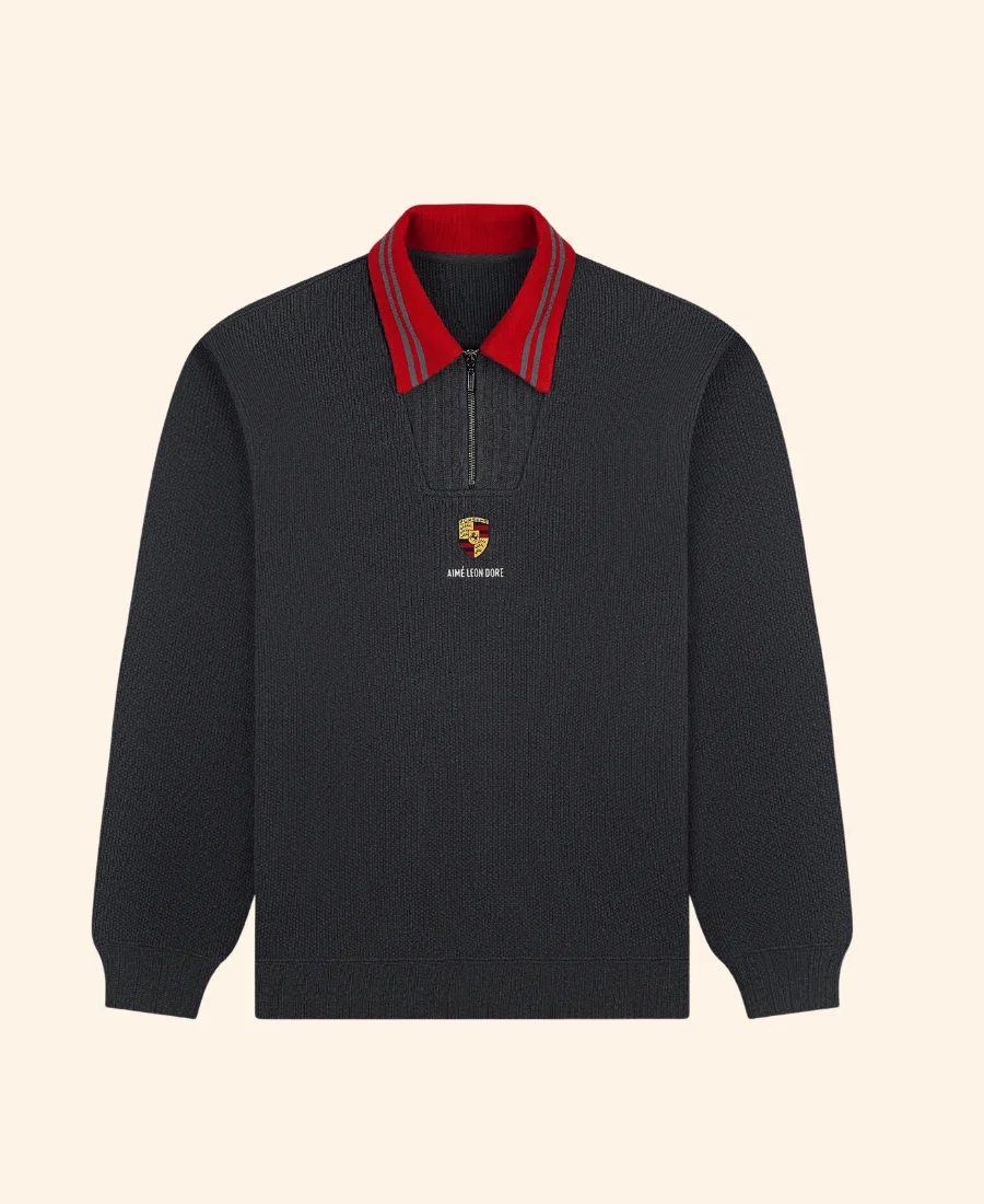ALD x Porsche Jacquard Collar Quarter Zip Sweatshirt Grey Front Image