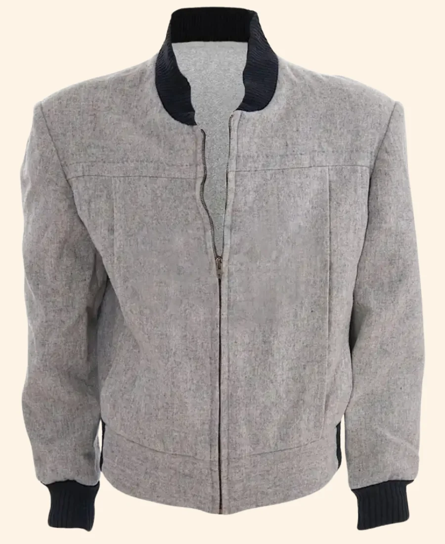 Inspired From: Biff Tannen / Thomas F. Wilson Worn In: Back To The Future Played By: Tom Wilson Style: Back To The Future Biff Tannen Bomber Jacket Outer Shell: Wool Inner: Polyester Lining Closure: Zipper Closure Collar: Rib Knit Collar Cuffs: Rib Knit Cuffs Color: Grey