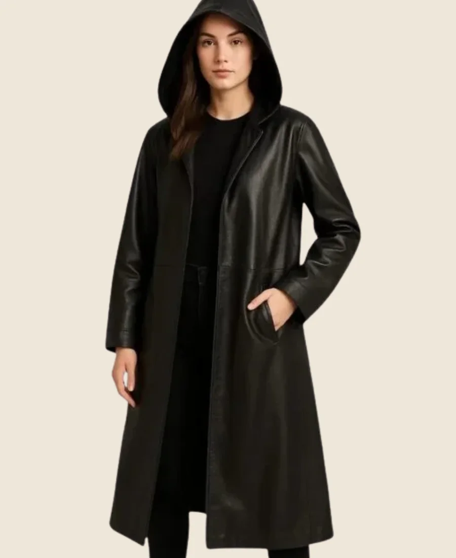 Ballerina 2025 Ana de Armas Leather BlackTrench Coat Front Image