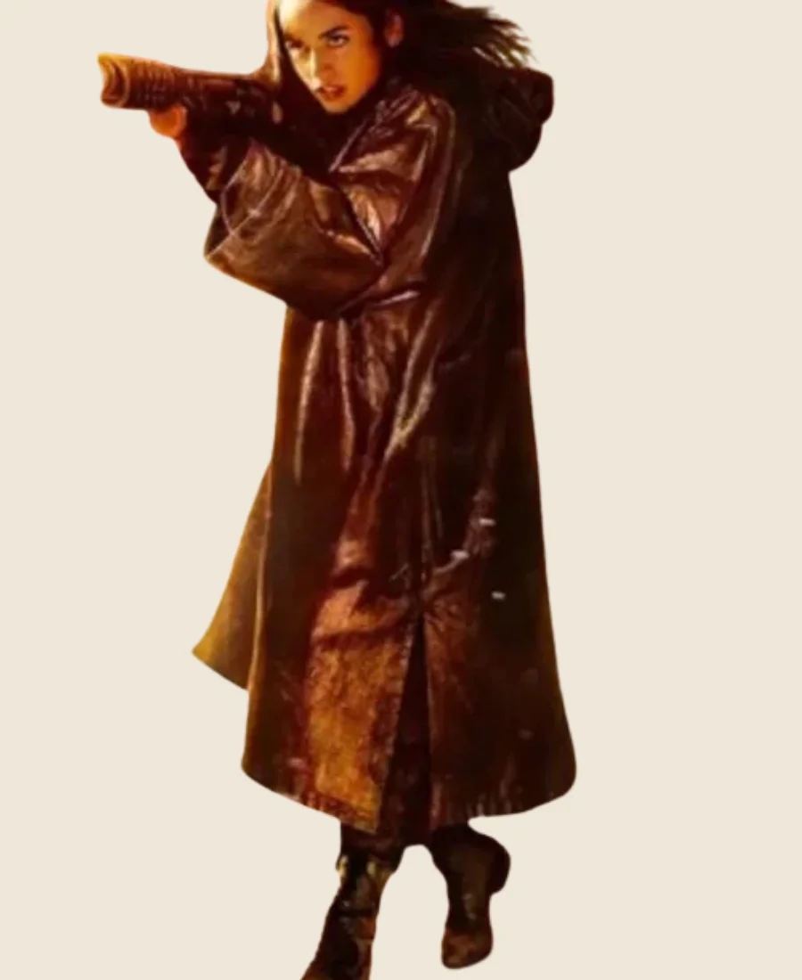 Ballerina 2025 Ana de Armas Leather Red Trench Coat Front Image