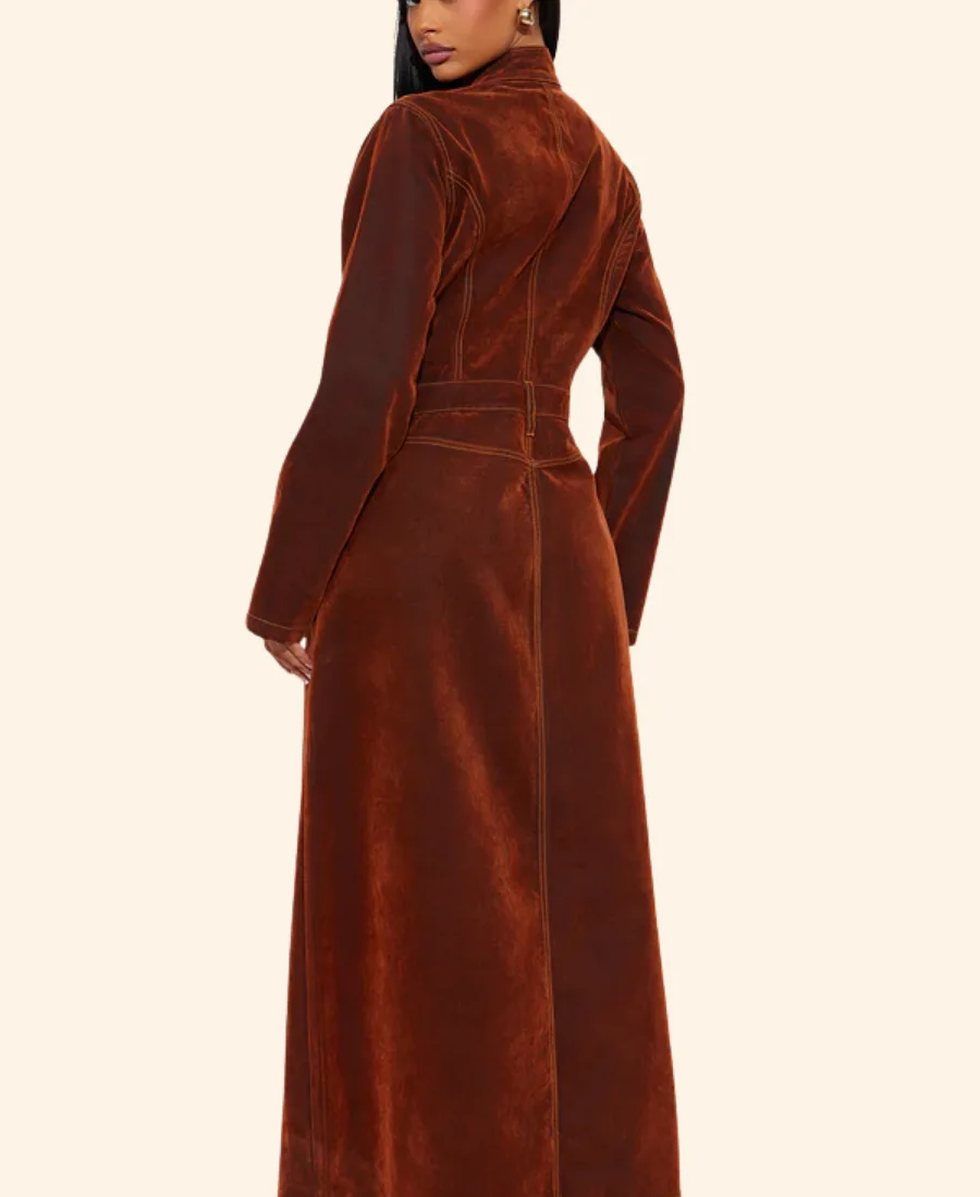 Beyond The Gates Dana Thomas Suede Leather Trench Coat Back Image