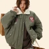 Boa Lapel Casual Padded Jacket Green Front