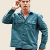Caught Stealing Austin Butler Blue Shirt Front Image