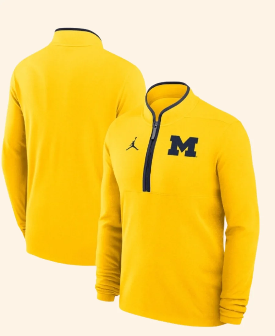 Dusty May Michigan Wolverines Half-Zip Sweatshirt Yellow Front And Back Image
