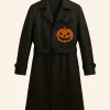 Halloween Pumpkin & Bat Leather Trench Coat Front Image