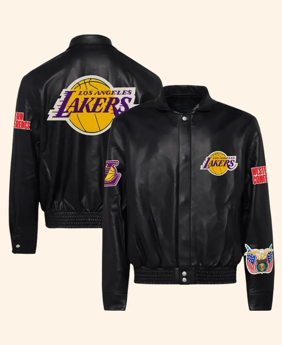 LA Lakers Black Leather Jacket Front & Back Image
