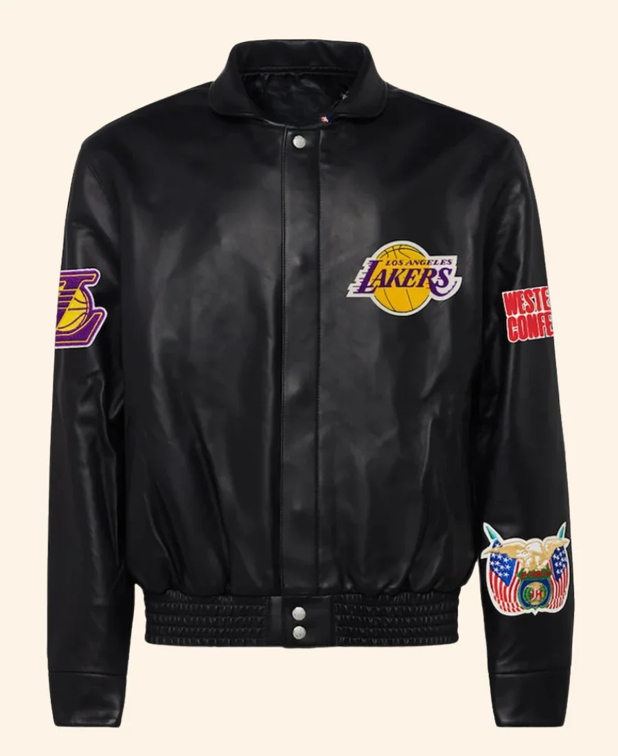 LA Lakers Black Leather Jacket Front Image