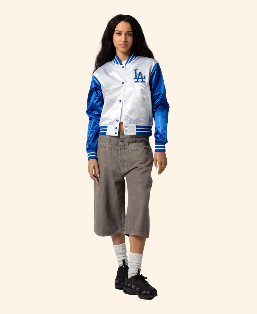Los Angeles Dodgers Cropped Satin Full Snap Jacket Closure Image