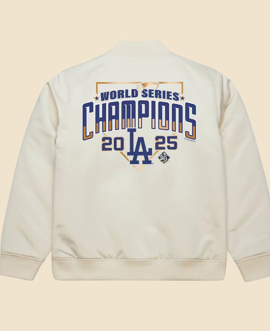 Los Angeles Dodgers Mitchell 2025 World Series Champions Bomber Jacket Cream Back Image
